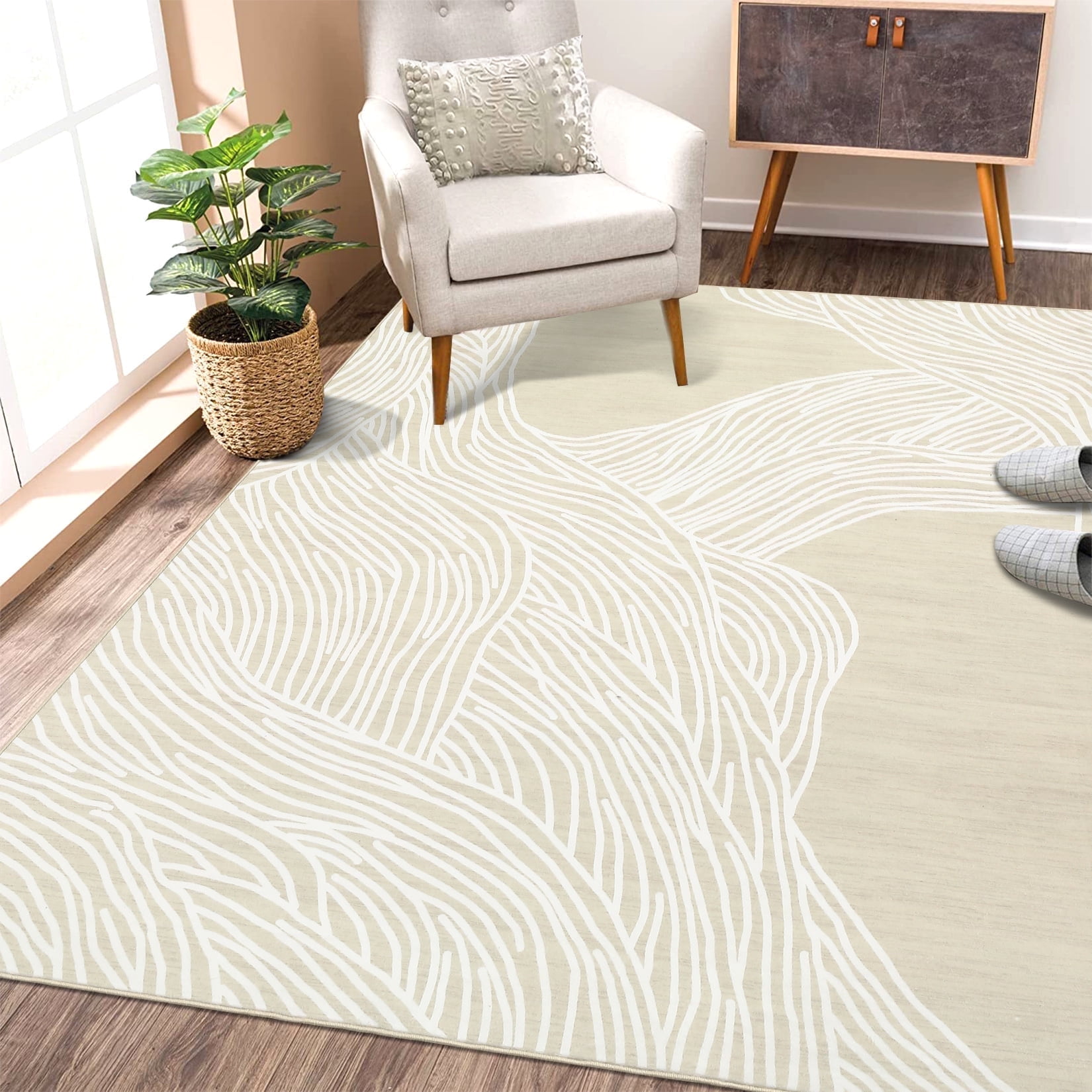 Tzou 5x7 Non-Shedding Washable Area Rugs for Living Room, Nonslip Contemporary Geometric Minimalist Striped Carpet for Dining Room, White/Beige