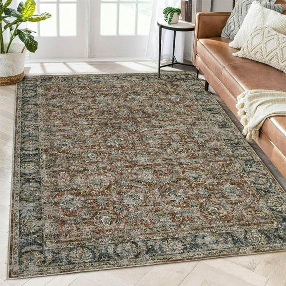 Tzou 5x7 Vintage Area Rugs Washable Retro Living Room Carpet with Non-Slip Backing, Low Pile(Red)