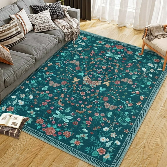 Tzou 5x7ft Floral Modern Print Area Rugs - Non-Slip Indoor Low Pile Area Rug, Machine Washable Carpet for Living Room Home Office