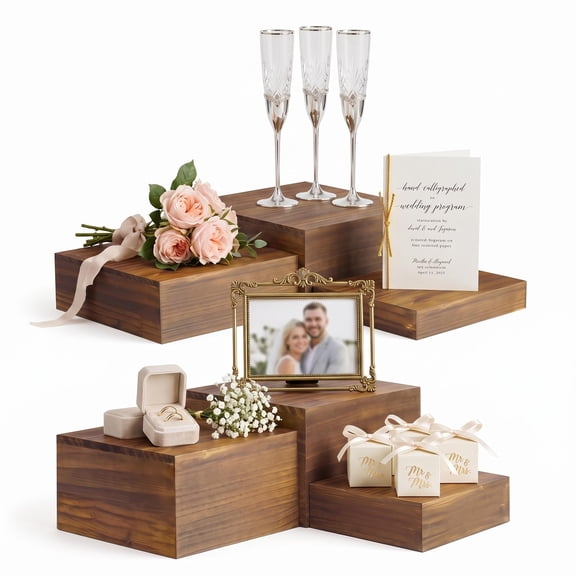 Tzou 6 Pack Wooden Buffet Risers and Display Stands, 6" 7" 8" 9" 10" 11" Rustic Cake and Cupcake Stand, Square Food Risers for Table, Nesting Wood Crates for Dessert Decor