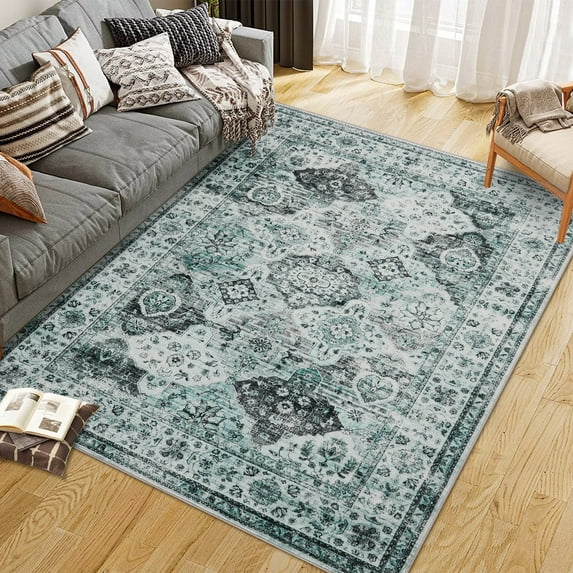 Tzou 6' x 9' Vintage Floral Machine Washable Rug w/Non-Slip Backing, Low-Pile Foldable Carpet for Living Room, Kitchen, Bedroom, Soft, Pet-Friendly & Fade-Resistant