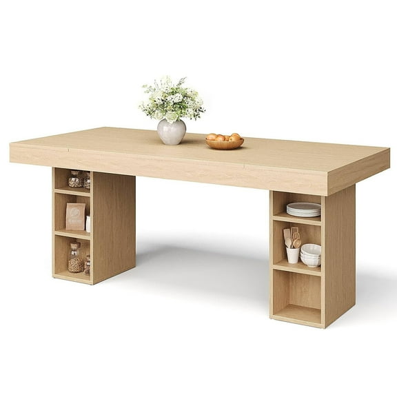 Tzou 63" Large Dining Table for 6-8 with Dual Side Storage - Light Oak Wood Kitchen Table w/10 Compartments, Double Pedestal Base, Scratch-Resistant Top