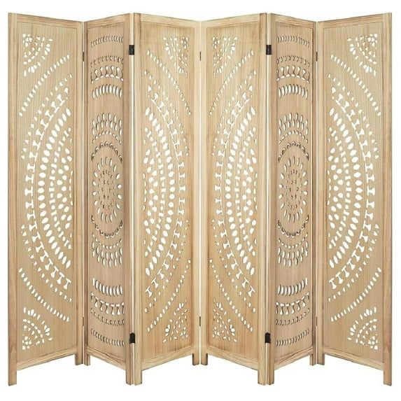 Tzou 67" Foldable Room Divider - Wooden Privacy Screen with Carved Farmhouse Design, Freestanding Partition for Home Office, Studio & Events (6-Panel Type, No Assembly Needed)