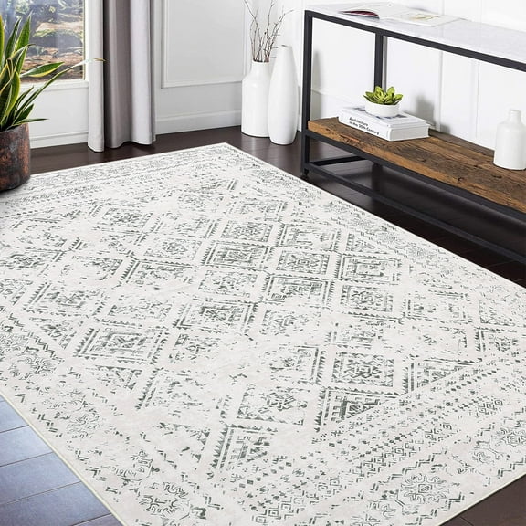 Tzou 6x9 Washable Runner Rugs for Living Room Bohemian Moroccan Geometric Soft Low Pile Non-Slip Carpet for Bedroom Dining Room, Beige/Gray