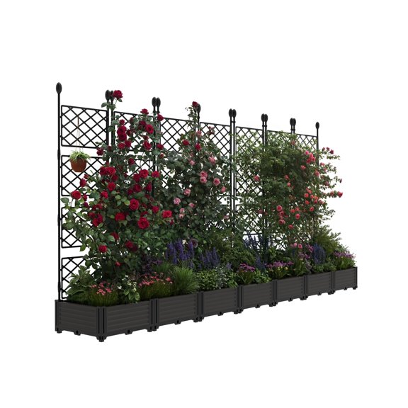 Tzou 7-Piece Trellis Planter Set - 63" H Raised Garden Bed w/Privacy Screens | Stackable Planters for Climbing Plants | Outdoor Patio & Balcony Privacy Screen (Black)