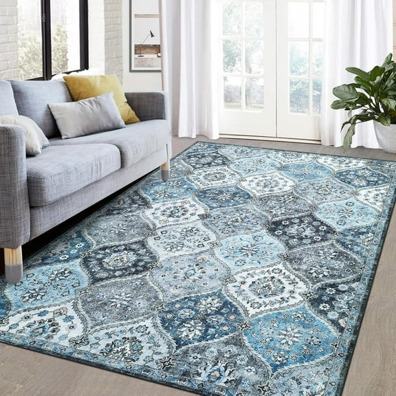 Tzou 8' x 10' Moroccan Trellis Area Rugs, Soft Washable Accent Carpet with Non-Slip Backing for Home Office(Navy)