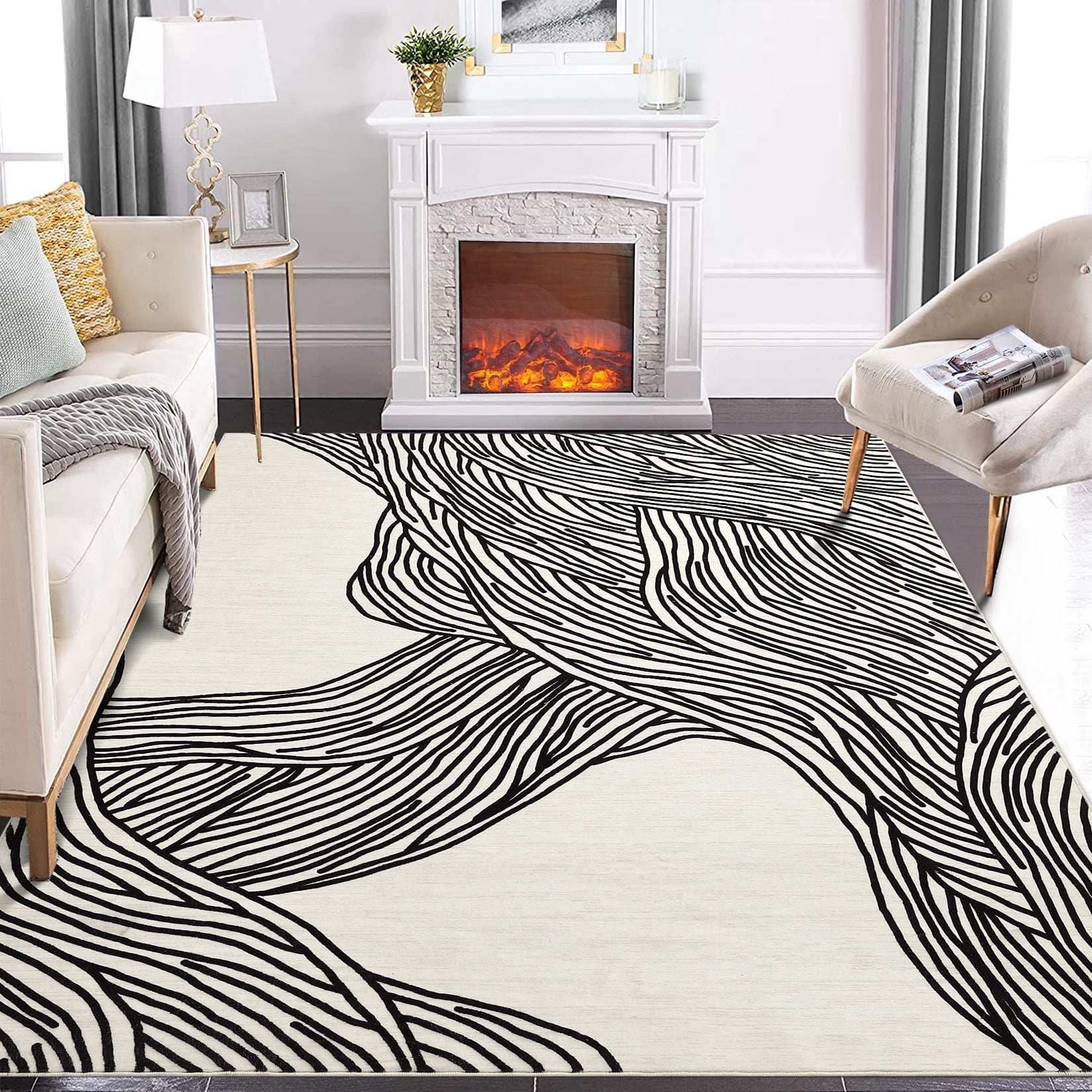 Tzou 8x10 Non-Shedding Washable Area Rugs for Living Room, Nonslip Contemporary Geometric Minimalist Striped Carpet for Nursery Room, Black/White