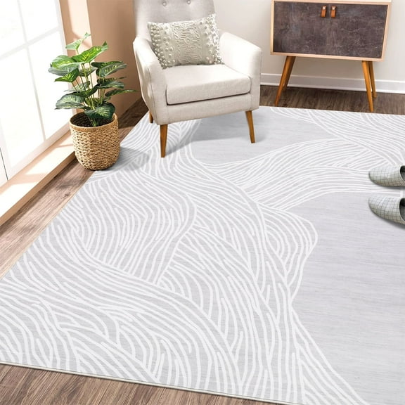 Tzou 8x10 Non-Shedding Washable Area Rugs for Living Room, Nonslip Contemporary Geometric Minimalist Striped Carpet for, White/Gray