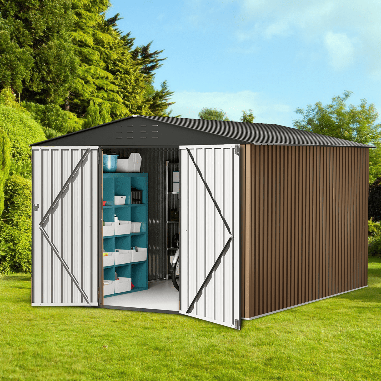 Tzou 8x12FT Metal Garden Shed w/Lockable Doors & Sloped Roof – Reinforced Galvanized Steel Tool/Bike Storage for Backyard, Patio, Poolside (Weather-Resistant)