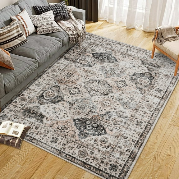 Tzou 9' x 12' Vintage Floral Machine Washable Rug w/Non-Slip Backing, Low-Pile Foldable Carpet for Living Room, Kitchen, Bedroom, Soft, Pet-Friendly & Fade-Resistant