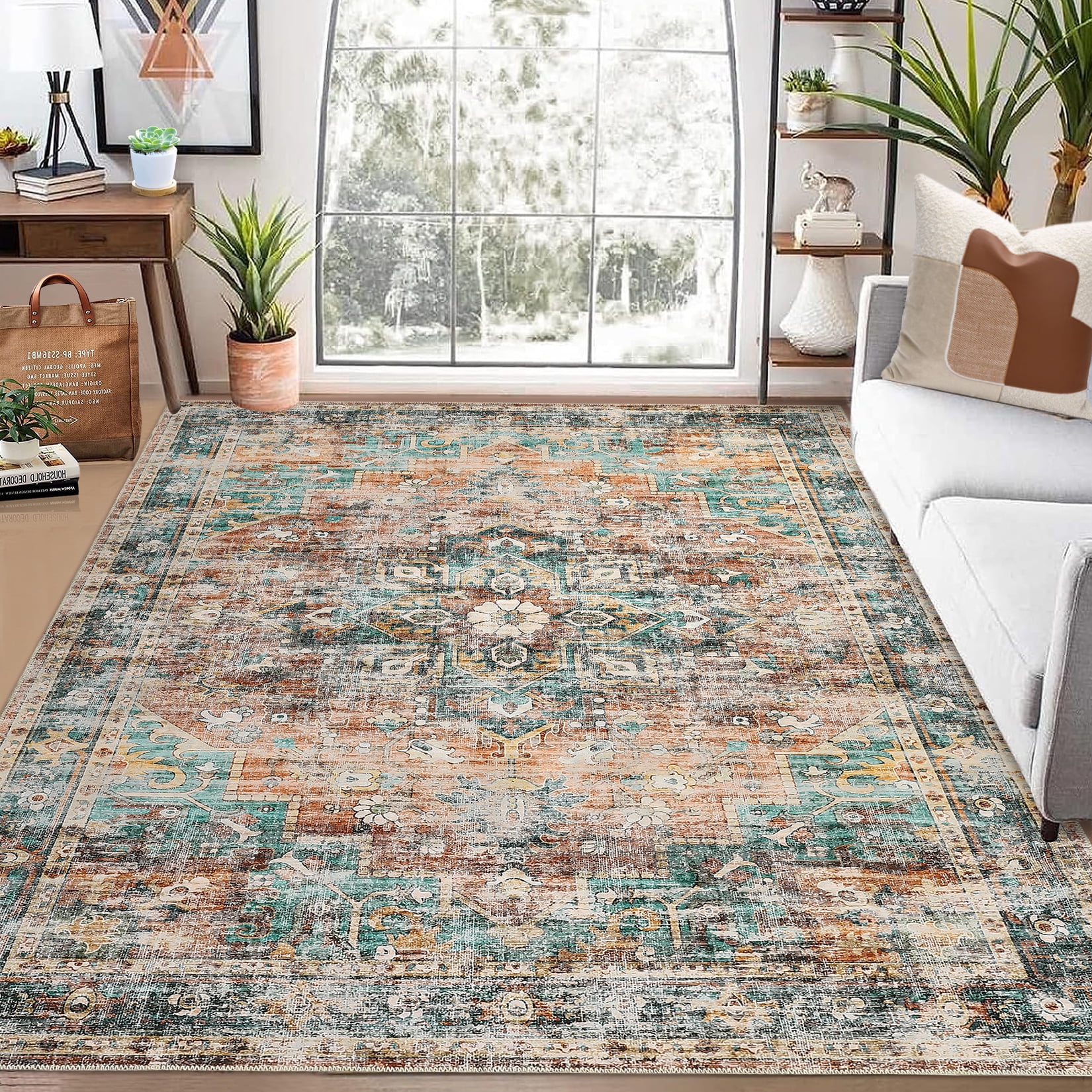 Teal and Multicolor 9' x 12' Chenille Vintage Medallion Area Rug