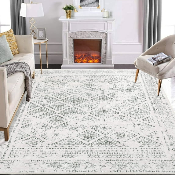 Tzou 9x12 Washable Runner Rugs for Living Room Bohemian Moroccan Geometric Soft Low Pile Non-Slip Carpet for Playroom, Beige/Gray