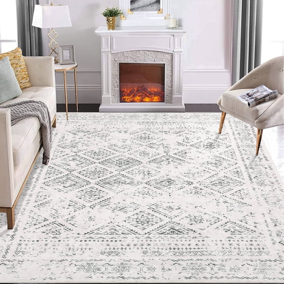 Tzou 9x12 Washable Runner Rugs for Living Room Bohemian Moroccan Geometric Soft Low Pile Non-Slip Carpet for Playroom, Beige/Gray