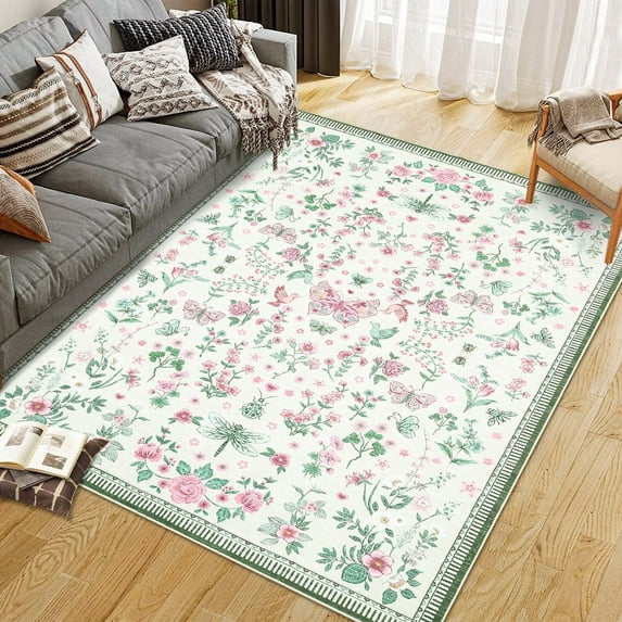 Tzou 9x12ft Floral Modern Print Area Rugs, Large Non-Slip Indoor Low Pile Area Rug, Machine Washable Carpet for Living Room Home Office
