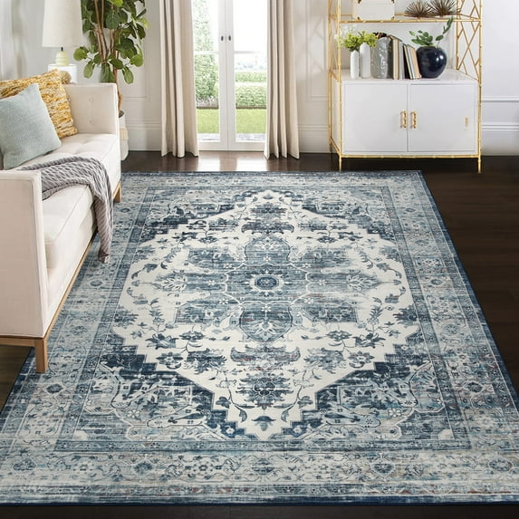 Tzou Area Rug 3x5 Vintage Retro Rug Indoor Door Mat Non Slip Carpet for Living Room Bedroom, Blue