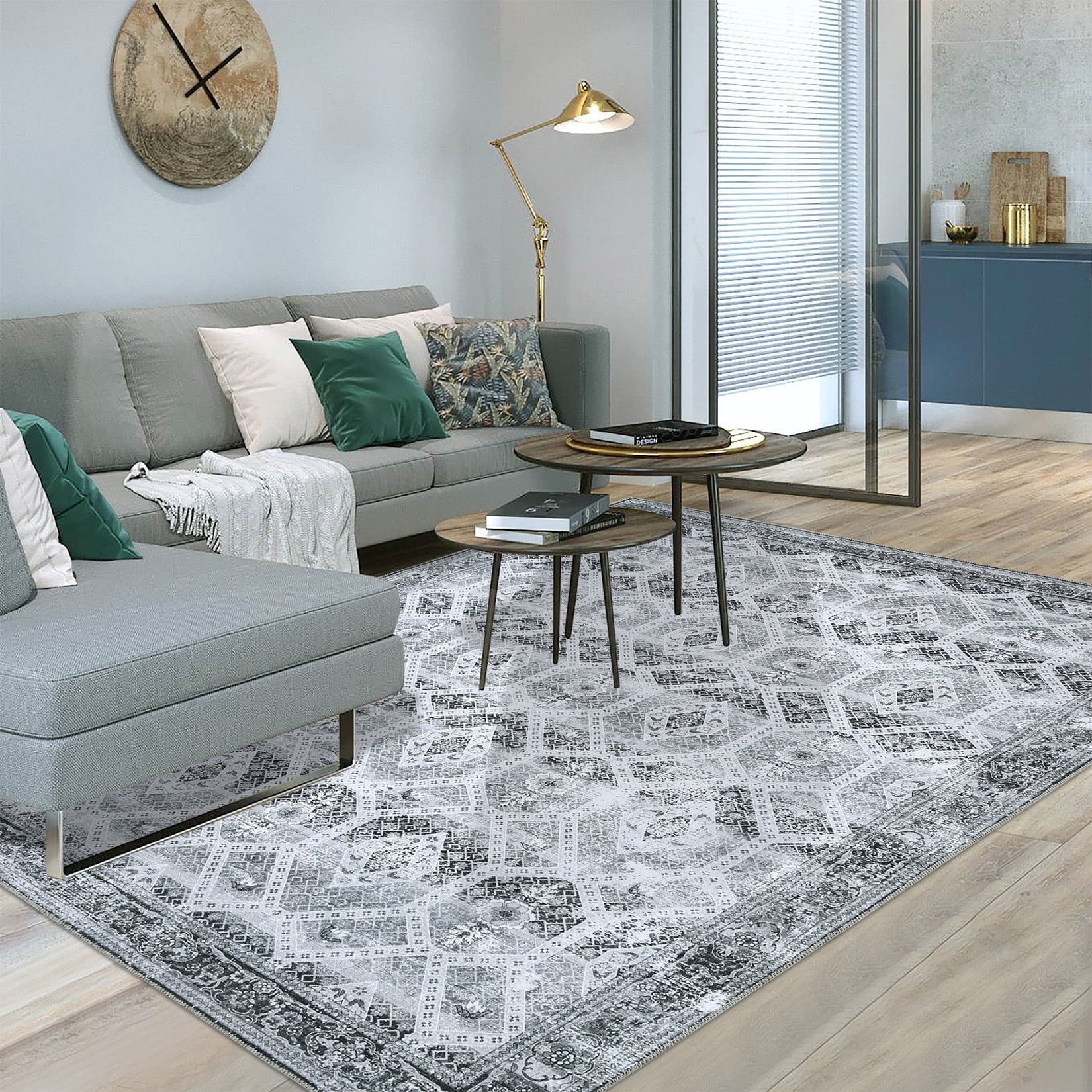 Tzou Area Rug 5x7 for Bedroom Vintage Grey Geometric Door Mat Anti Slip