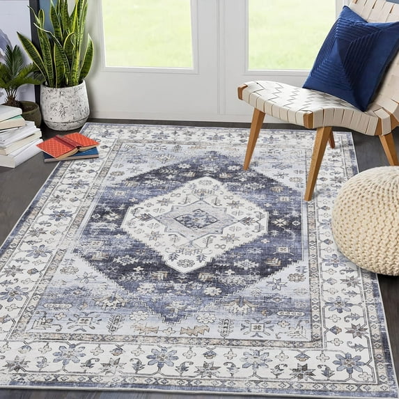 Tzou Area Rug 6x9 Washable Low-Pile Vintage Carpet for Living Room, Non-Slip Backing Non-Shedding Indoor Floor Mat for Dining Room, Navy