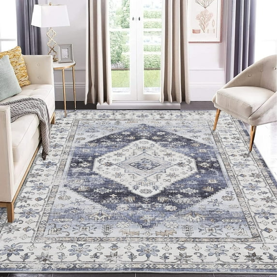 Tzou Area Rug 8x10 Washable Low-Pile Vintage Carpet for Living Room, Non-Slip Backing Non-Shedding Indoor Floor Mat for Nursery Room, Navy