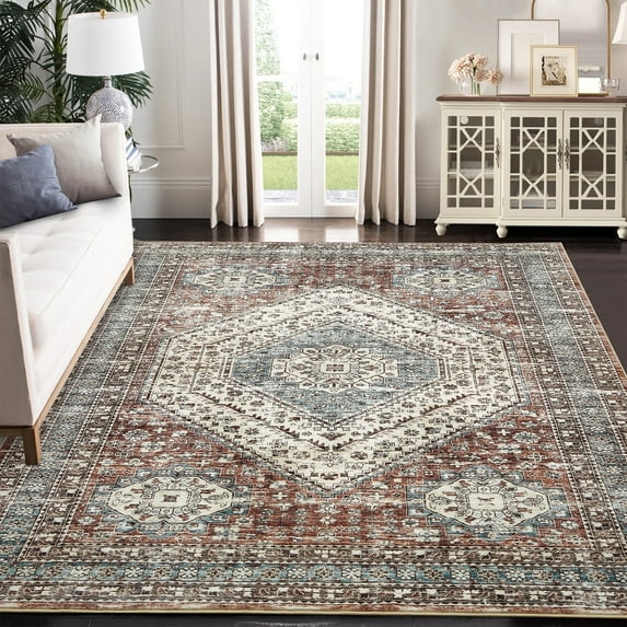 Tzou Area Rug 9x12 Vintage Retro Rug Indoor Door Mat Non Slip Carpet for Living Room Bedroom, Dark Brown