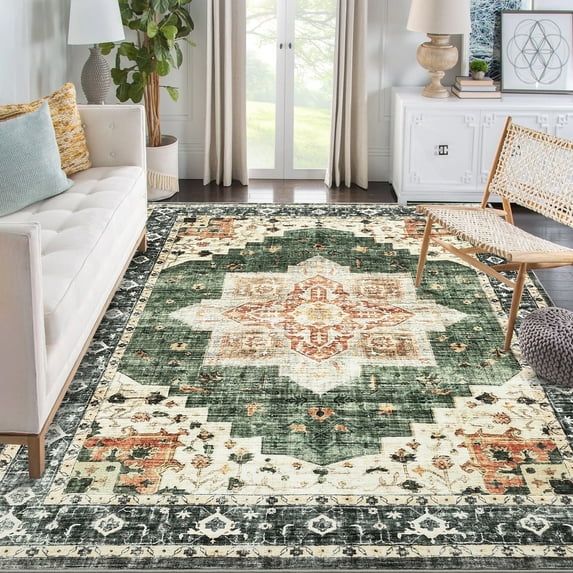 Tzou Area Rug 9x12 Vintage Retro Rug Indoor Door Mat Non Slip Carpet for Living Room Bedroom, Dark Green