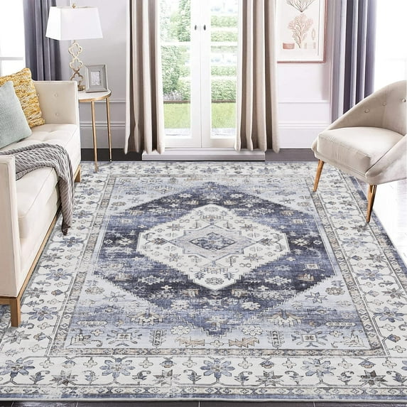 Tzou Area Rug 9x12 Washable Low-Pile Vintage Carpet for Living Room, Non-Slip Backing Non-Shedding Indoor Floor Mat for Bedroom, Navy