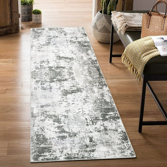 Tzou Area Rug Runner 2'x6' Low Pile Contemporary Abstract for Kitchen Floor Mat Anti-Slip Backing Doormat Machine Washable, Grayish Green