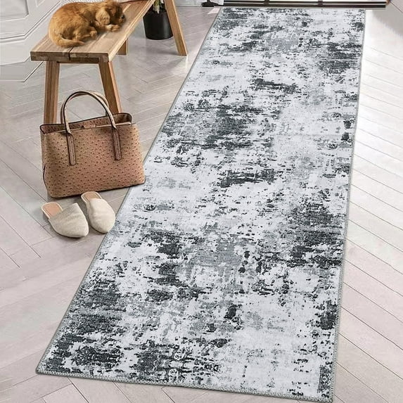 Tzou Area Rug Runner 2'x8' Low Pile Contemporary Abstract for Kitchen Living Room Floor Mat Anti-Slip Backing Doormat Machine Washable, Dark Gray