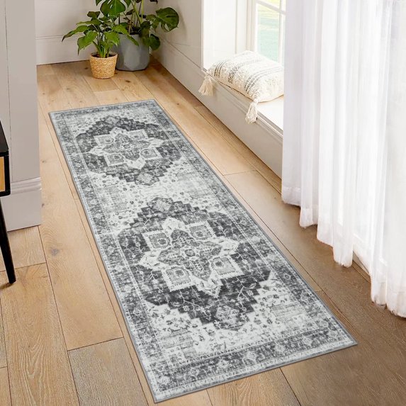 Tzou Area Rug Runner 2x6 Vintage Retro Rug Indoor Door Mat Non Slip Carpet for Bathroom Entryway Bedroom, Grey
