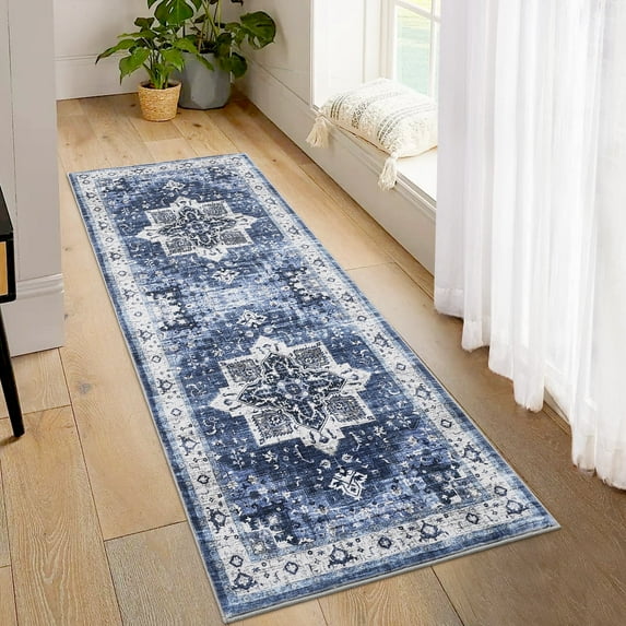 Tzou Area Rug Runner 2x6 Vintage Retro Rug Indoor Door Mat Non Slip Carpet for Bathroom Entryway Bedroom, Navy Blue