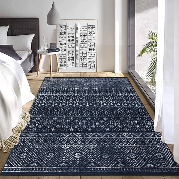 Tzou Boho Area Rugs 4x6ft Washable Door Mat Geometric Black Living Room Carpet, Non Slip Indoor Rugs for Bedroom Dining Room Office