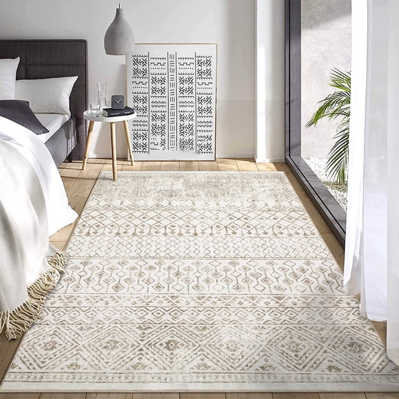 Tzou Boho Area Rugs 5x7ft Washable Door Mat Geometric Khaki Living Room Carpet, Non Slip Indoor Rugs for Bedroom Dining Room Office