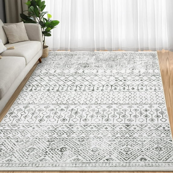 Tzou Boho Area Rugs 8x10ft Washable Door Mat Geometric Gray Living Room Carpet, Non Slip Indoor Rugs for Bedroom Dining Room Office