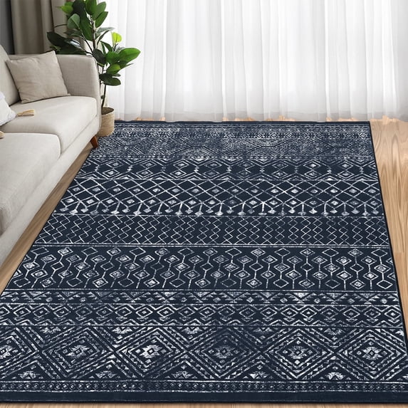 Tzou Boho Area Rugs 9x12ft Washable Door Mat Geometric Black Living Room Carpet, Non Slip Indoor Rugs for Bedroom Dining Room Office