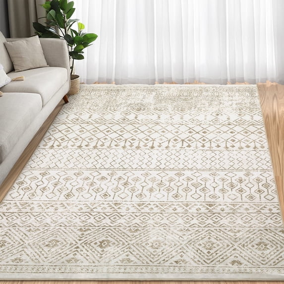 Tzou Boho Area Rugs 9x12ft Washable Door Mat Geometric Khaki Living Room Carpet, Non Slip Indoor Rugs for Bedroom Dining Room Office