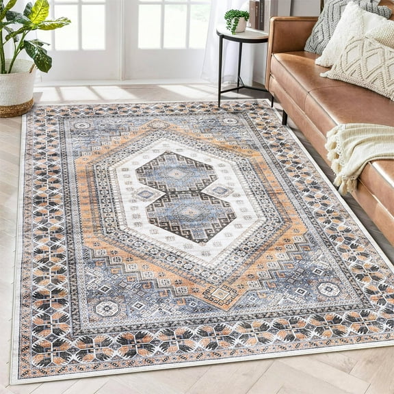 Tzou Boho Washable Area Rugs 8x10 for Living Room Bedroom, Non Slip Geometric Carpet for Home Office, Stain Resistant, Super Soft(Orange)
