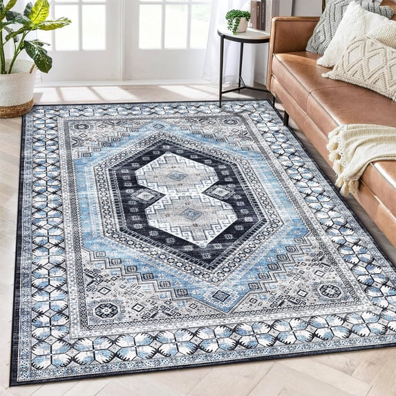 Tzou Boho Washable Area Rugs 9x12 for Living Room Bedroom, Non Slip Geometric Carpet for Playroom, Stain Resistant, Super Soft(Blue)
