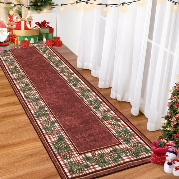 Tzou Christmas Rugs, Washable Low Pile Non-Slip Plaid Carpet Mat for Kitchen, Entryway, Living Room