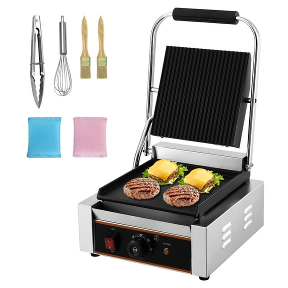 Tzou Commercial Panini Grill 1800W, Stainless Steel Sandwich Press with Adjustable Temp Control (122-572°F), 9x9" Dual Plates for Burgers/Steak/Bacon