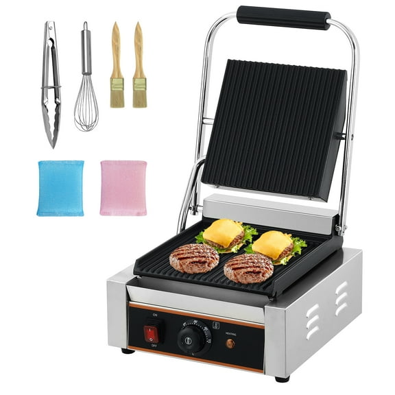 Tzou Commercial Panini Grill 1800W, Stainless Steel Sandwich Press with Adjustable Temp Control (122-572°F), 9x9" Dual Plates for Burgers/Steak/Bacon