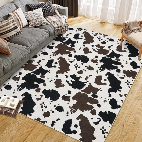 Tzou Cow Print Area Rugs 10' x 13' – Modern Washable Low Pile Throw Rug with Non-Slip Backing, Stain-Resistant Soft Floor Carpet for Living Room, Bedroom, Kitchen (Machine Washable)
