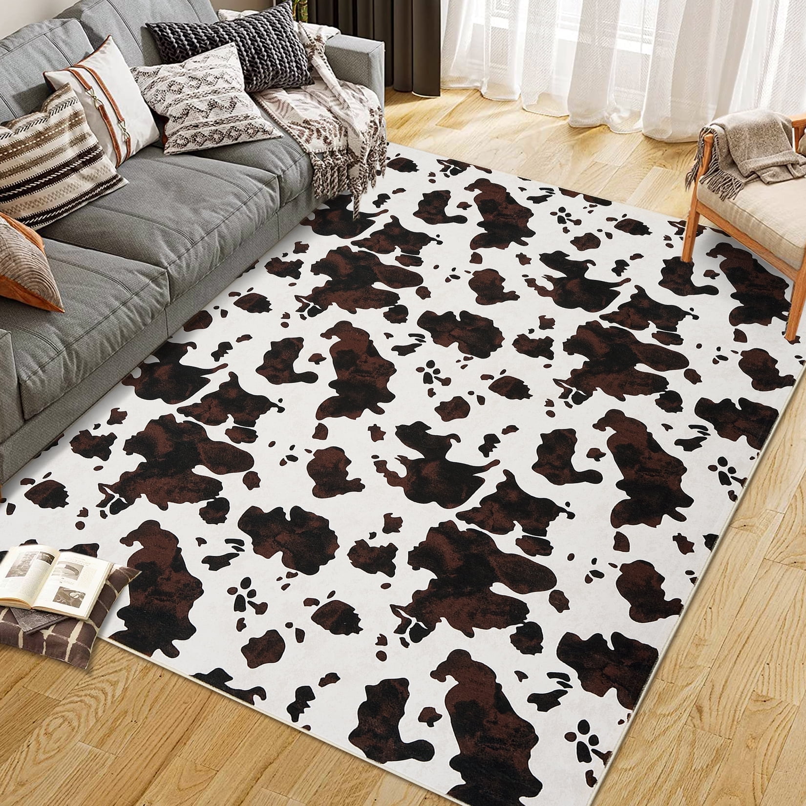 Tzou Cow Print Area Rugs 10' x 13' – Modern Washable Low Pile Throw Rug with Non-Slip Backing, Stain-Resistant Soft Floor Carpet for Living Room, Bedroom, Kitchen (Machine Washable)
