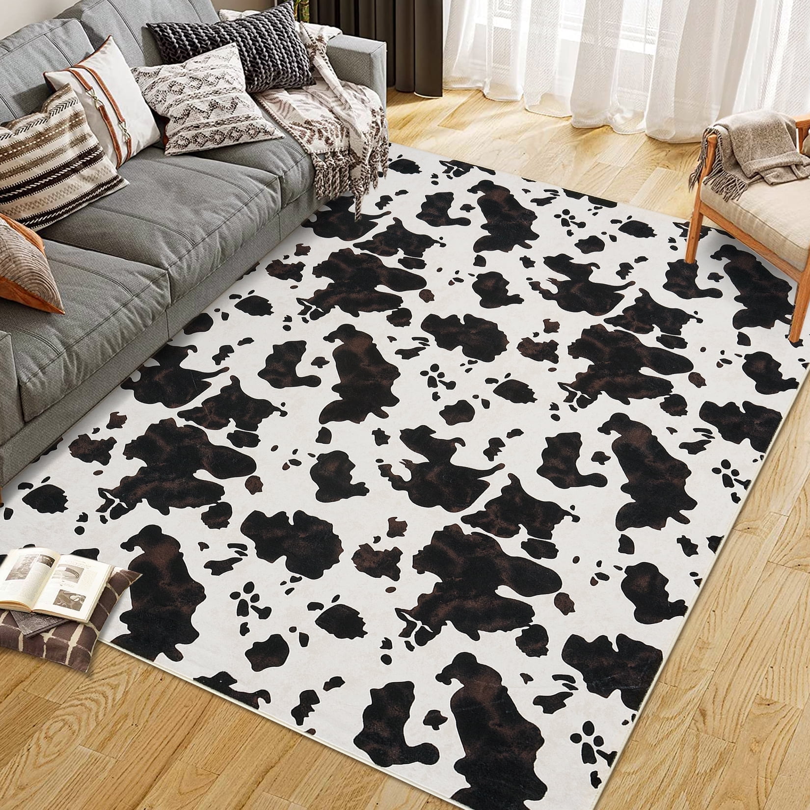 Tzou Cow Print Area Rugs 10' x 13' – Modern Washable Low Pile Throw Rug with Non-Slip Backing, Stain-Resistant Soft Floor Carpet for Living Room, Bedroom, Kitchen (Machine Washable)