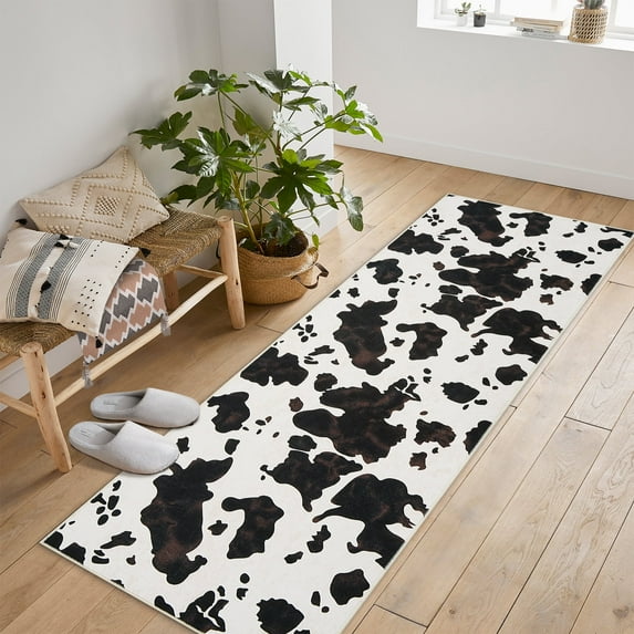 Tzou Cow Print Runner Rugs 2' x 6' – Modern Washable Low Pile Throw Rug with Non-Slip Backing, Stain-Resistant Soft Floor Carpet for Living Room, Bedroom, Kitchen (Machine Washable)