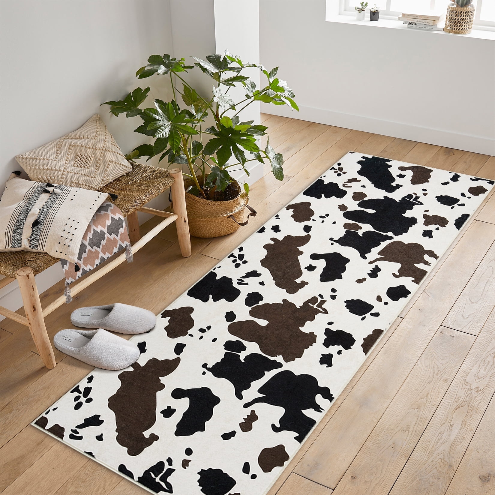 Tzou Cow Print Runner Rugs 2' x 6' – Modern Washable Low Pile Throw Rug with Non-Slip Backing, Stain-Resistant Soft Floor Carpet for Living Room, Bedroom, Kitchen (Machine Washable)