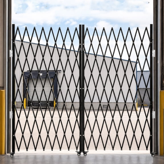 Tzou Double Folding Security Gate 87 inch H x 150 inch W Black Steel Accordion Door with Keys