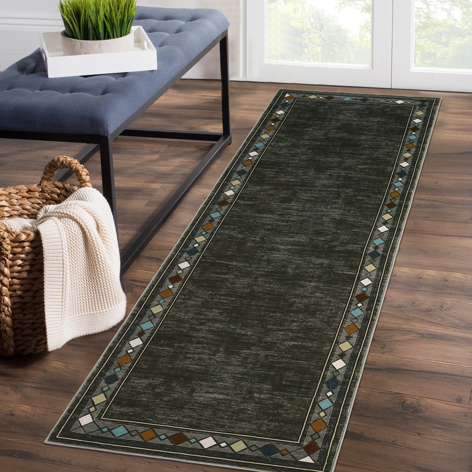 Tzou Elegant Geometric Border Runner Rugs 2x6, Super Soft Washable ...