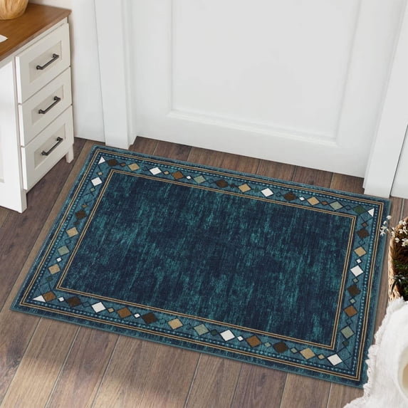 Tzou Elegant Geometric Border Small Area Rugs 2x3, Super Soft Washable Carpet for Bathroom Entryway, Low Pile, Ink Blue