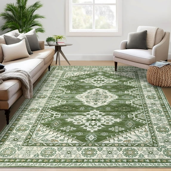 Tzou Extra Large Boho Area Rugs 10x13 for Dining Room Washable Vintage Living Room Carpet with Non-Slip Backing, Low Pile(Dark Green)