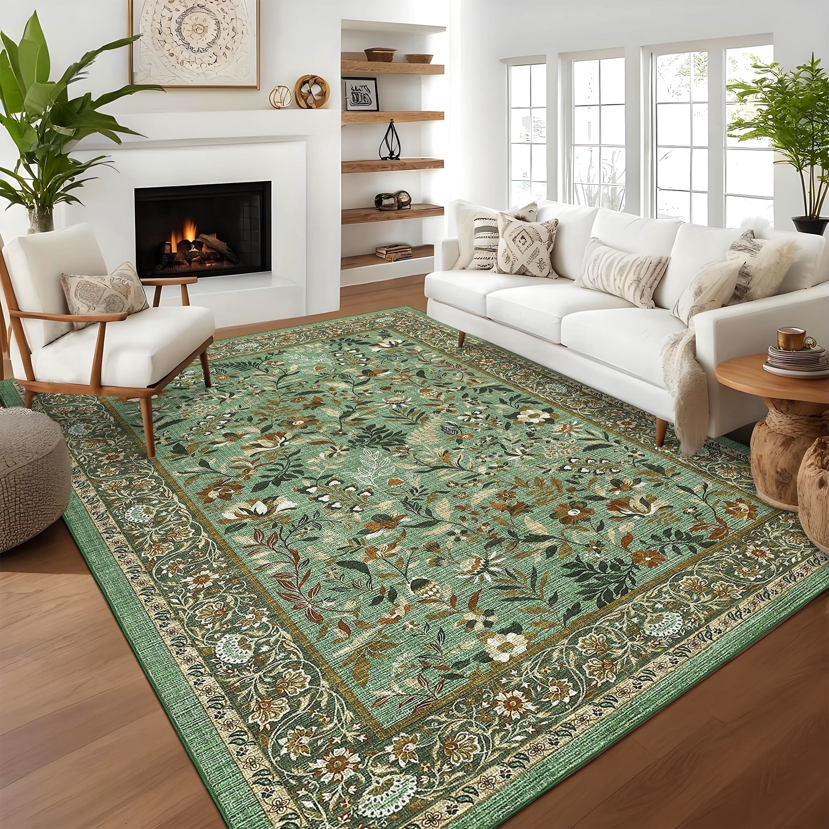 Tzou Floral Washable Area Rugs for Living Room, 10x13ft Vintage Non-Slip Boho Carpet, Large Soft Stain-Resistant Indoor Rug for Bedroom, Office(Light Green)
