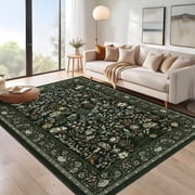 Tzou Floral Washable Area Rugs for Living Room, 5x7ft Vintage Non-Slip Boho Carpet, Soft Stain-Resistant Indoor Rug for Bedroom, OfficeDark Green